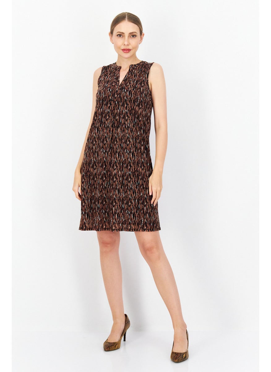 Women Allover Printed Midi Dress, Brown Combo