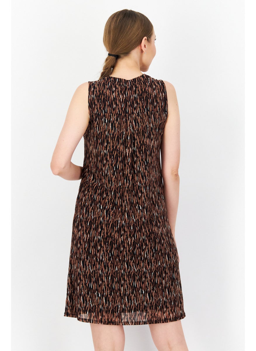 Women Allover Printed Midi Dress, Brown Combo