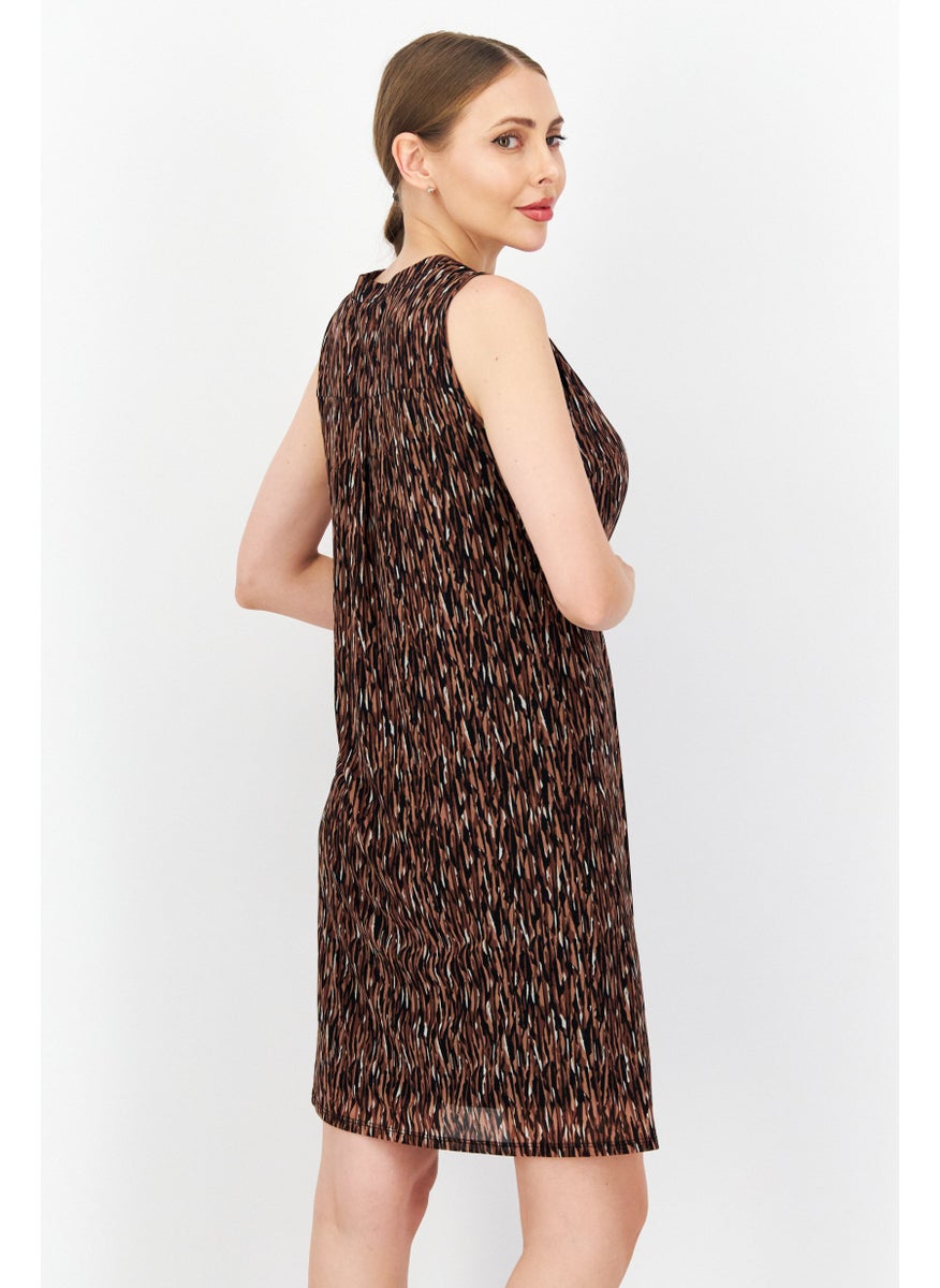 Women Allover Printed Midi Dress, Brown Combo