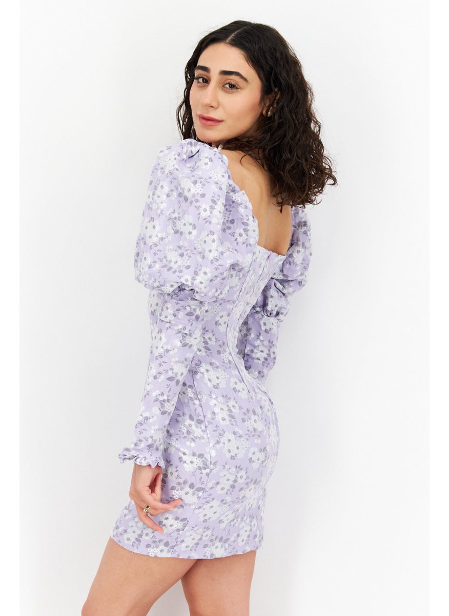 Women Petite Fit Floral Pattern Mini Dress, Lavender