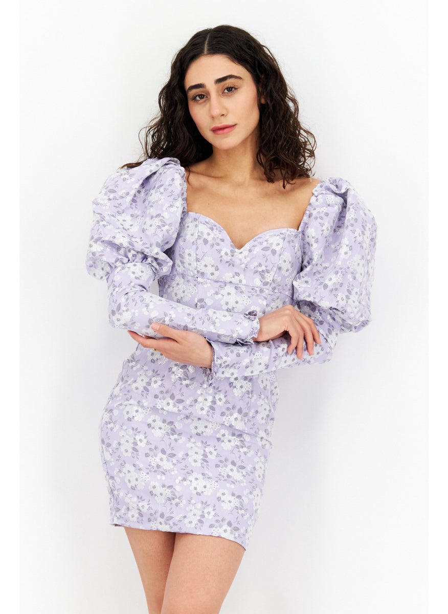 Women Petite Fit Floral Pattern Mini Dress, Lavender