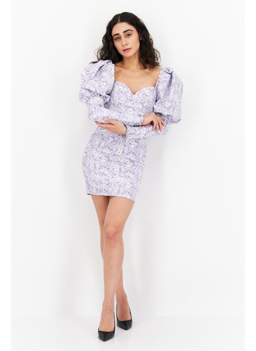 Women Petite Fit Floral Pattern Mini Dress, Lavender