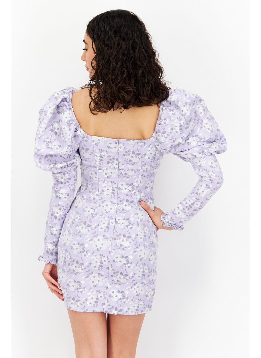 Women Petite Fit Floral Pattern Mini Dress, Lavender