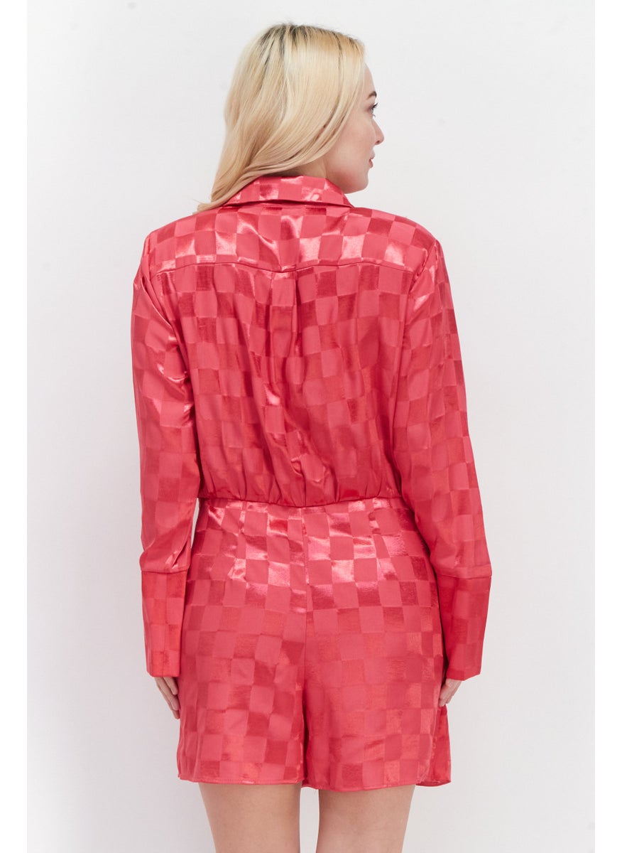 Women Checkered Long Sleeve Play Suite, Dark Pink