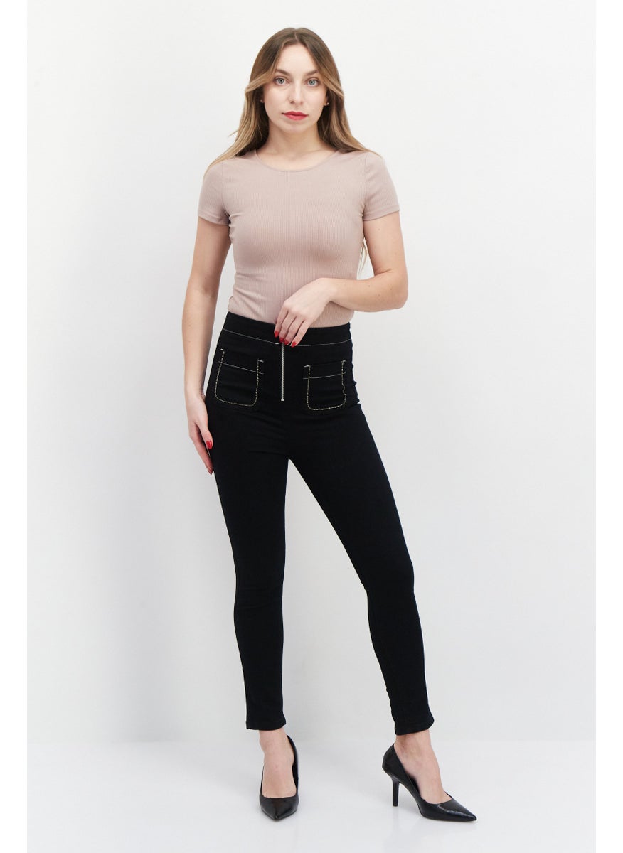 Women Slim Fit Studded Stretchable Jeans, Black