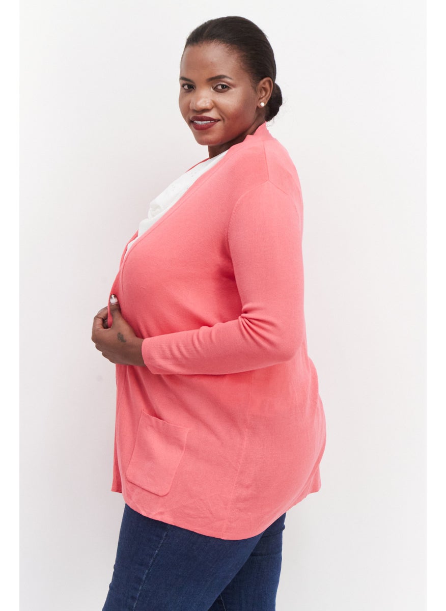 Women Plus Size Open Front Long Sleeve Textured Cardigan, Pink