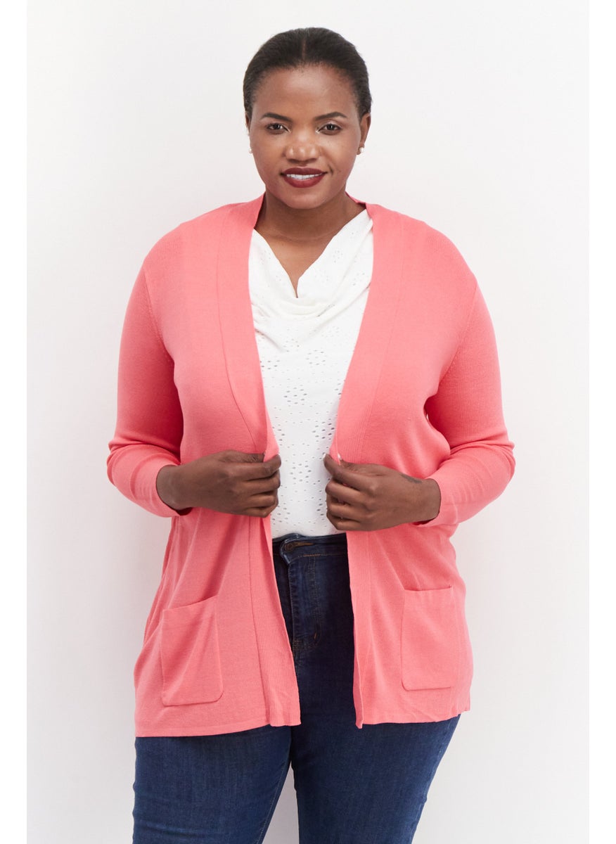 Women Plus Size Open Front Long Sleeve Textured Cardigan, Pink
