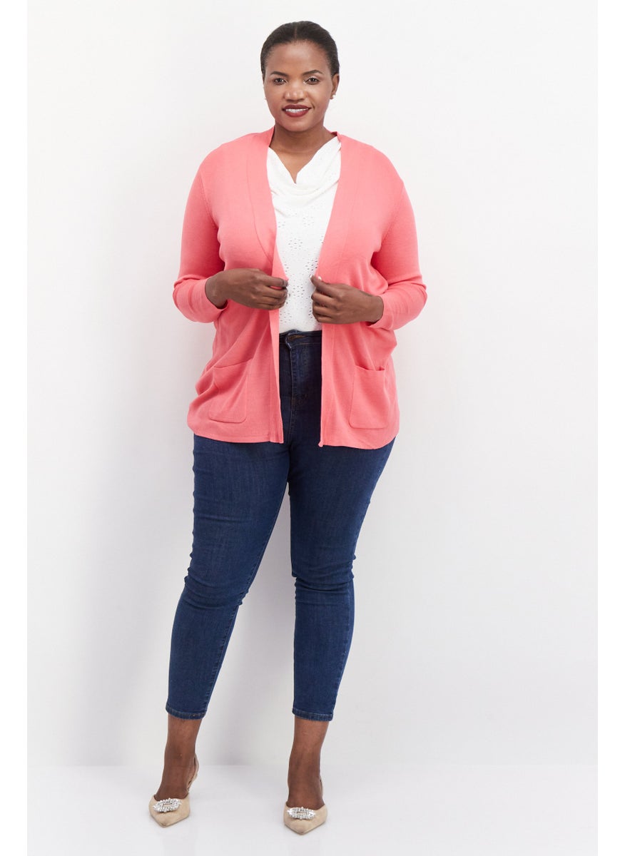 Women Plus Size Open Front Long Sleeve Textured Cardigan, Pink