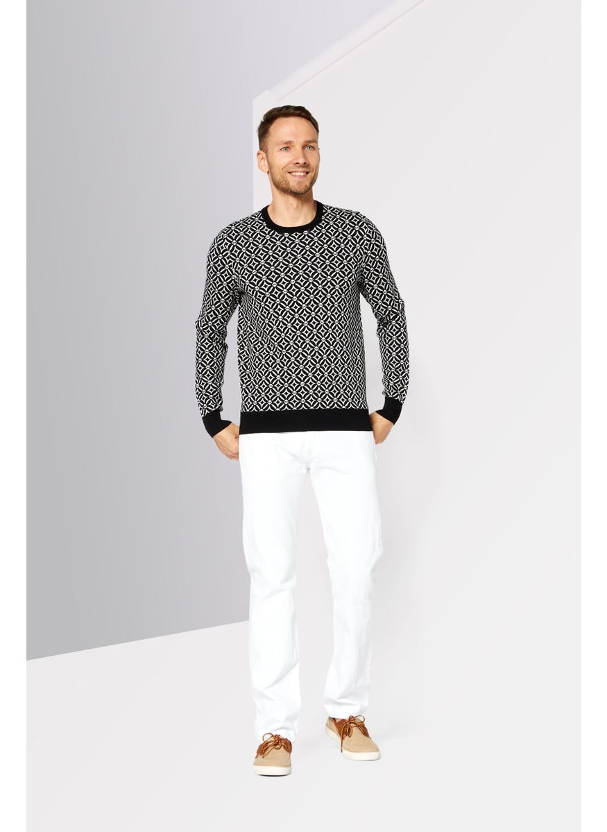 Men Crew Neck Long Sleeves Allover Print Sweater, Black