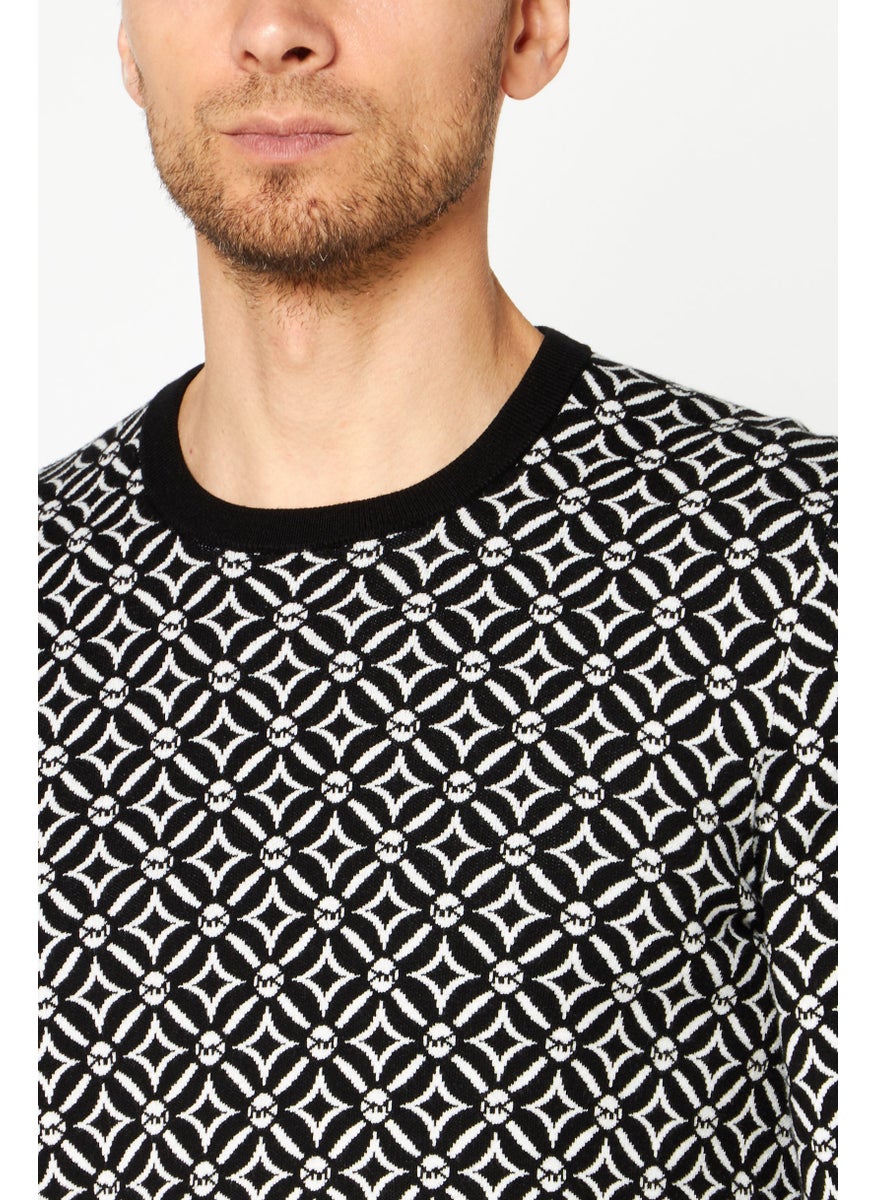 Men Crew Neck Long Sleeves Allover Print Sweater, Black