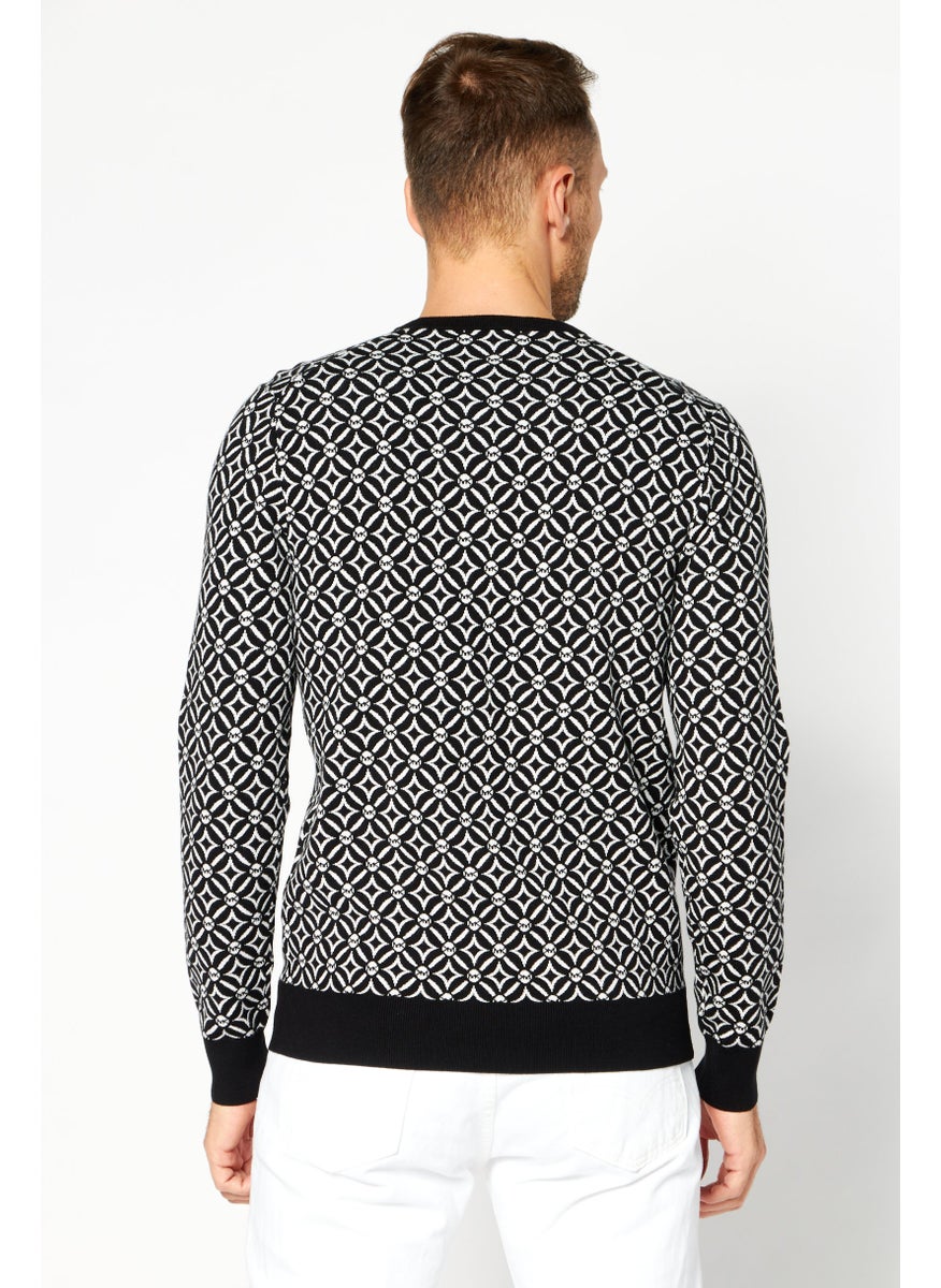 Men Crew Neck Long Sleeves Allover Print Sweater, Black