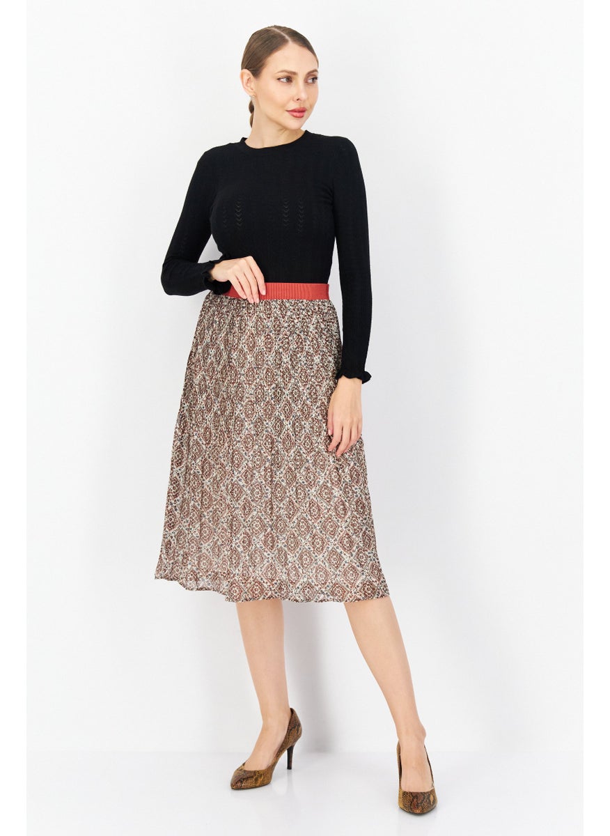 Women Allover Print Maxi Skirt, Brown Combo