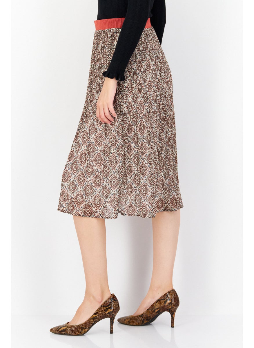 Women Allover Print Maxi Skirt, Brown Combo