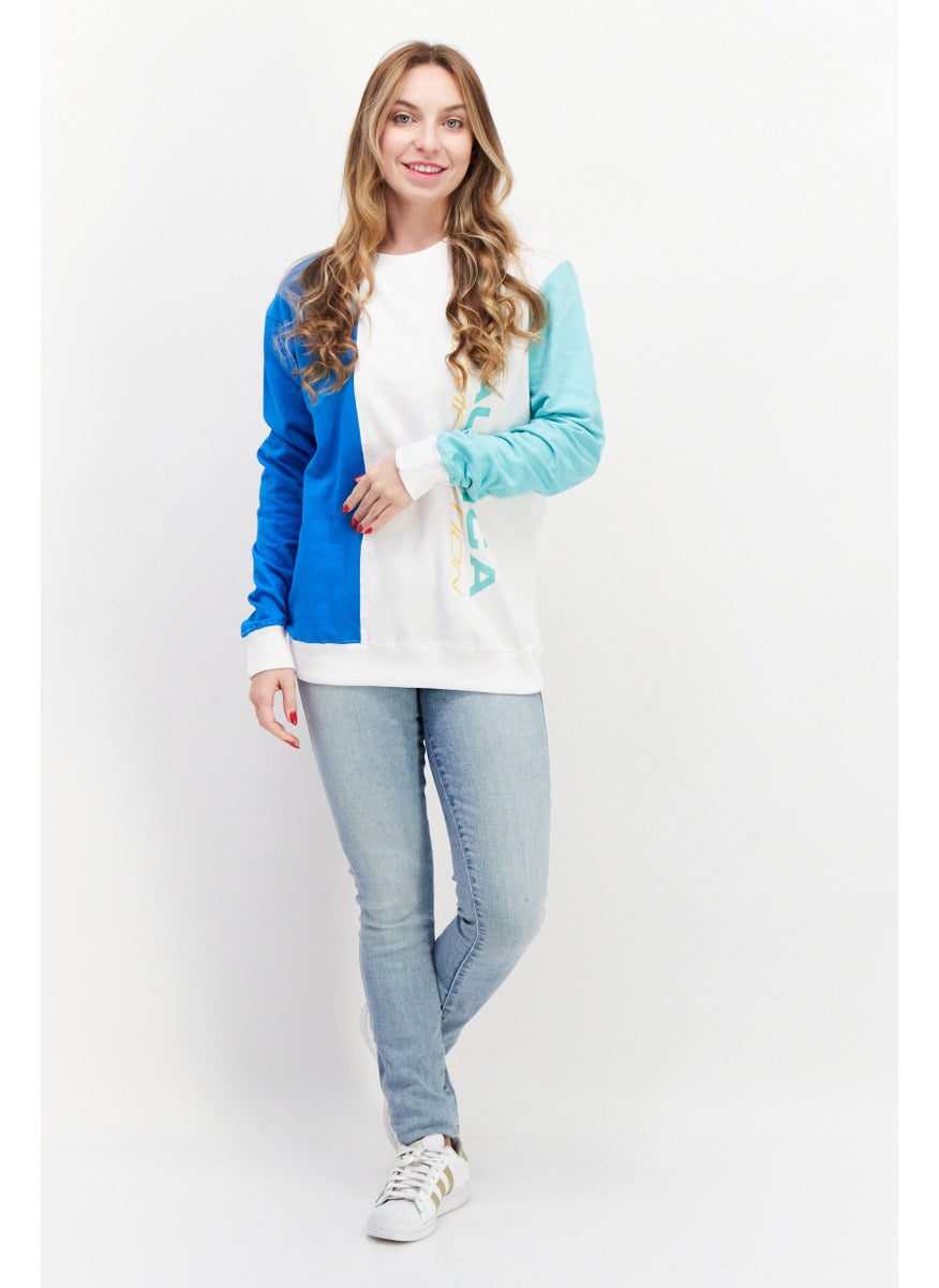 Women Crew Neck Long Sleeve Printed Sweatshirt, Blue Combo