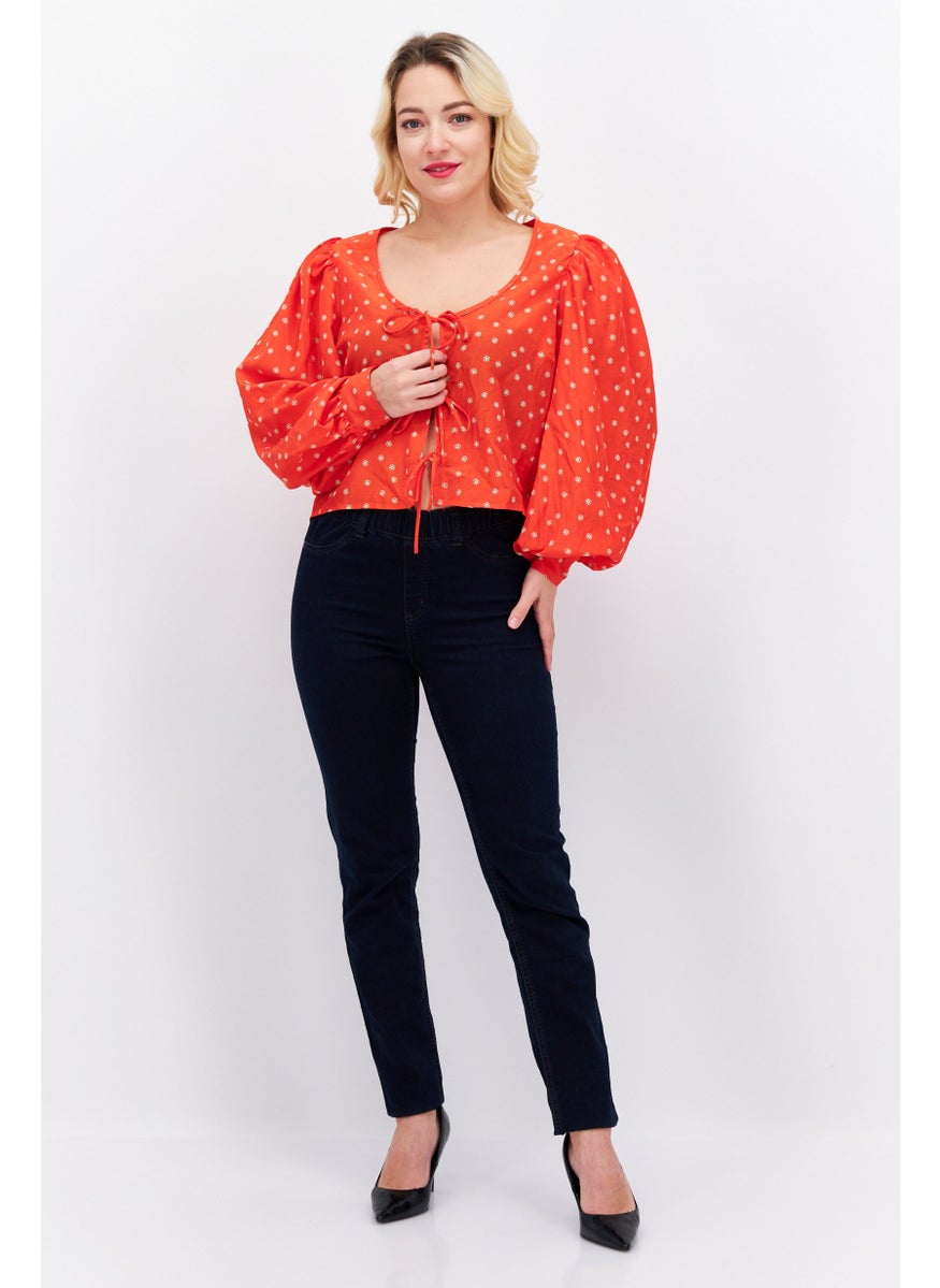 Women Tie Neck Long Sleeve Allover Print Top, Red