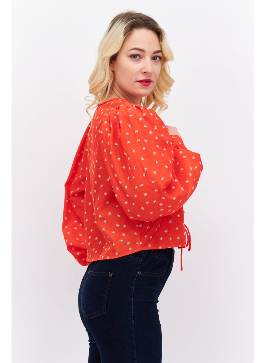 Women Tie Neck Long Sleeve Allover Print Top, Red