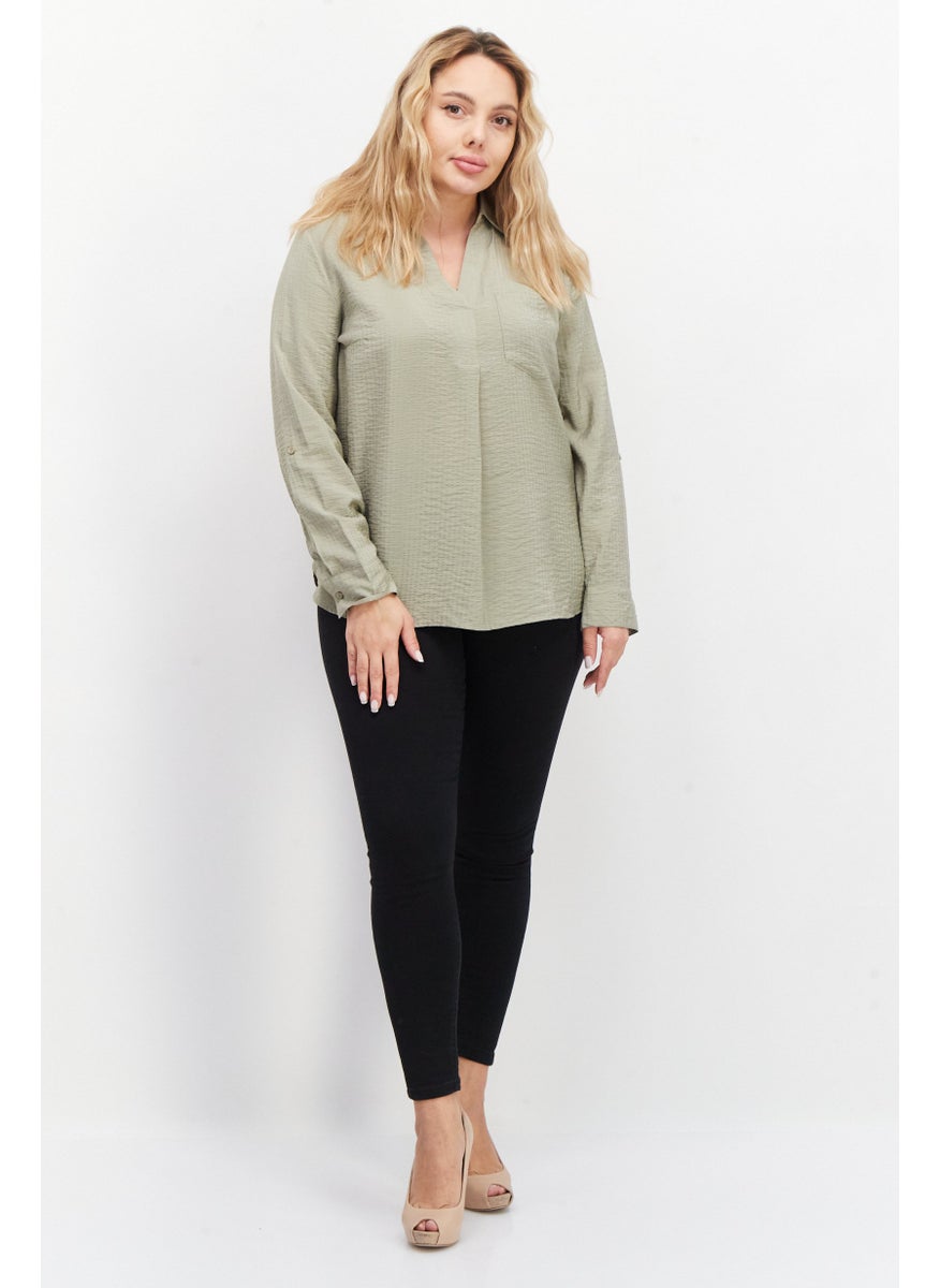 Women Spread Collar Long Sleeve Textured Shirt, Olive