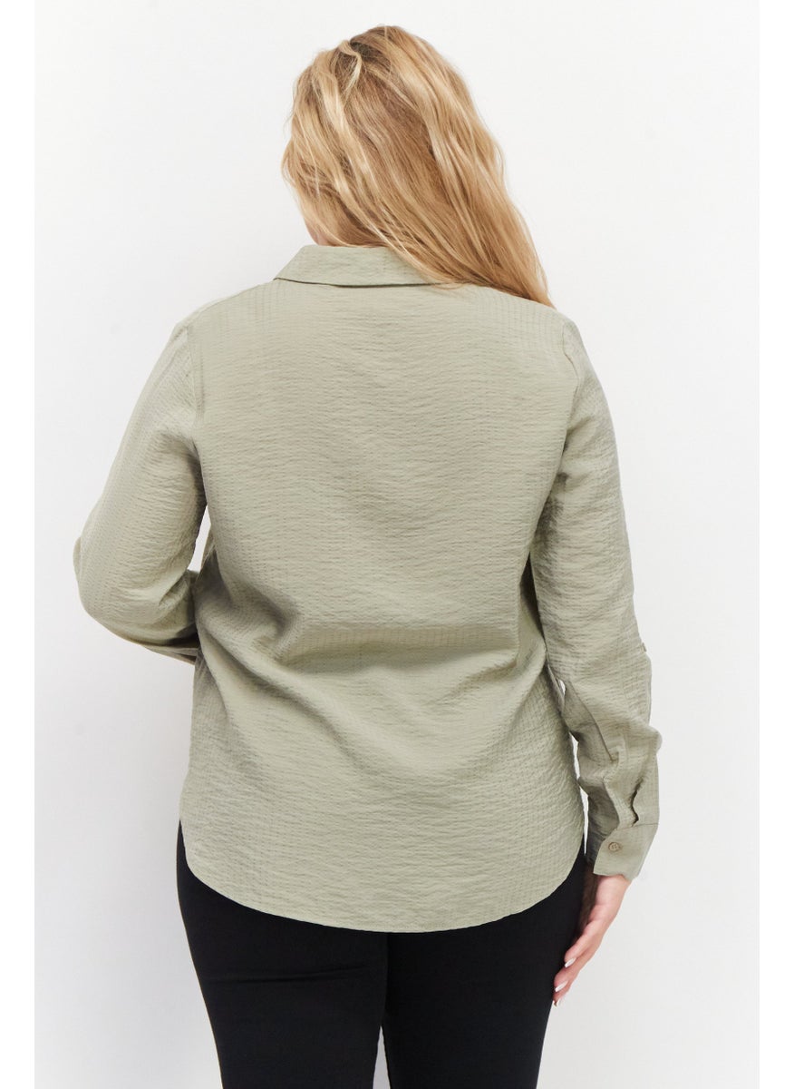 Women Spread Collar Long Sleeve Textured Shirt, Olive