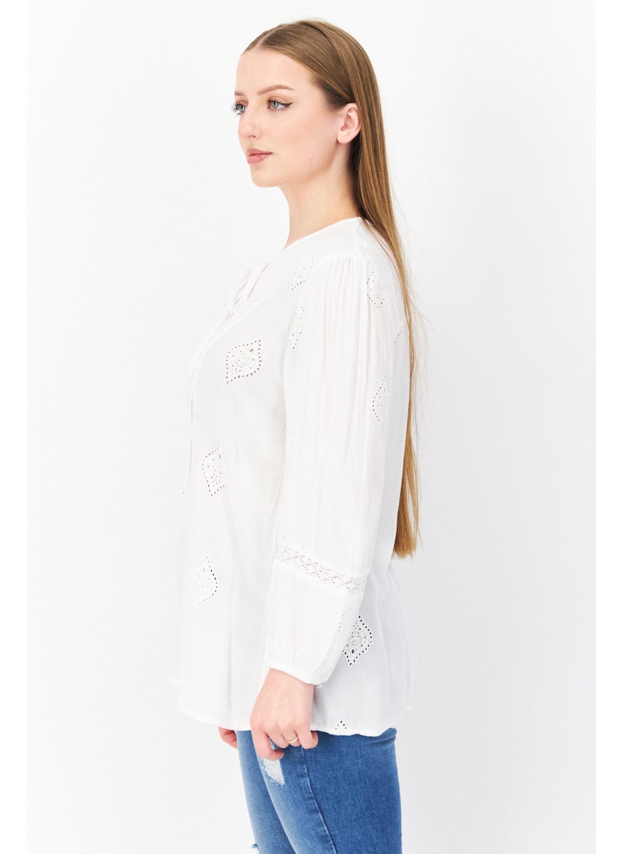 Women Tie Neck Long Sleeve Textured Blouse, White