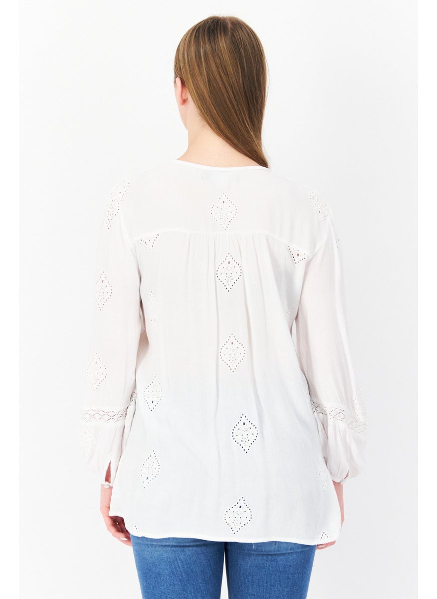 Women Tie Neck Long Sleeve Textured Blouse, White