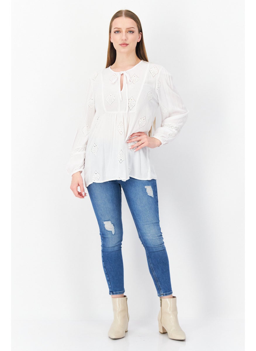 Women Tie Neck Long Sleeve Textured Blouse, White