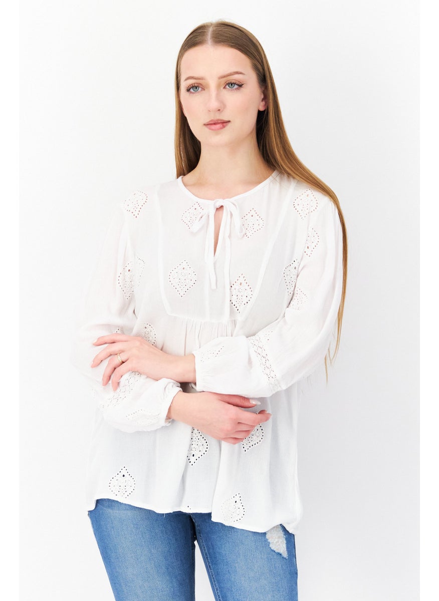 Women Tie Neck Long Sleeve Textured Blouse, White