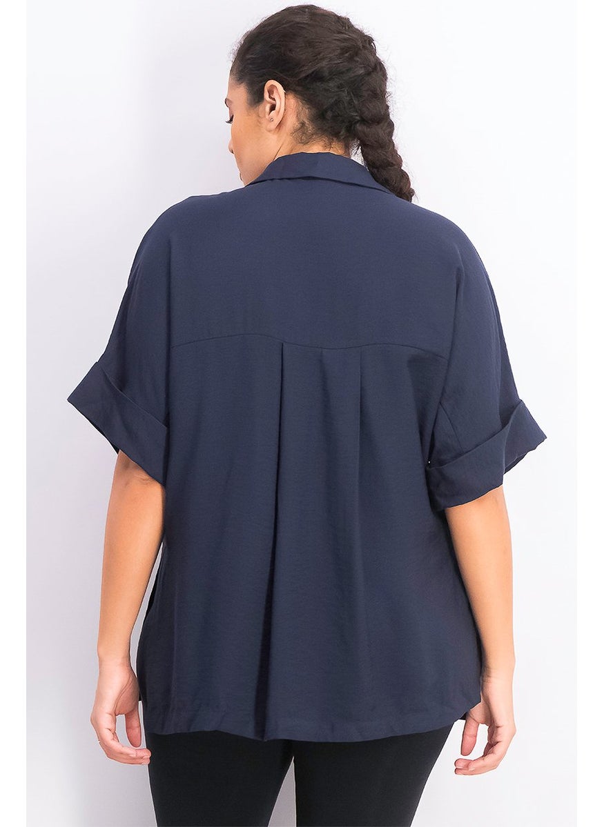 Women Spread Collar Flowy Short Sleeve Plain Top, Navy