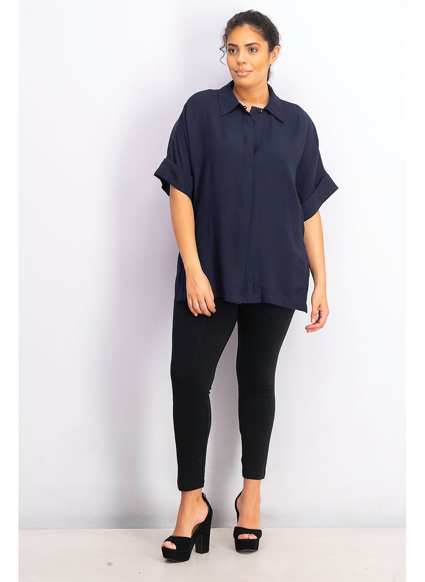 Women Spread Collar Flowy Short Sleeve Plain Top, Navy