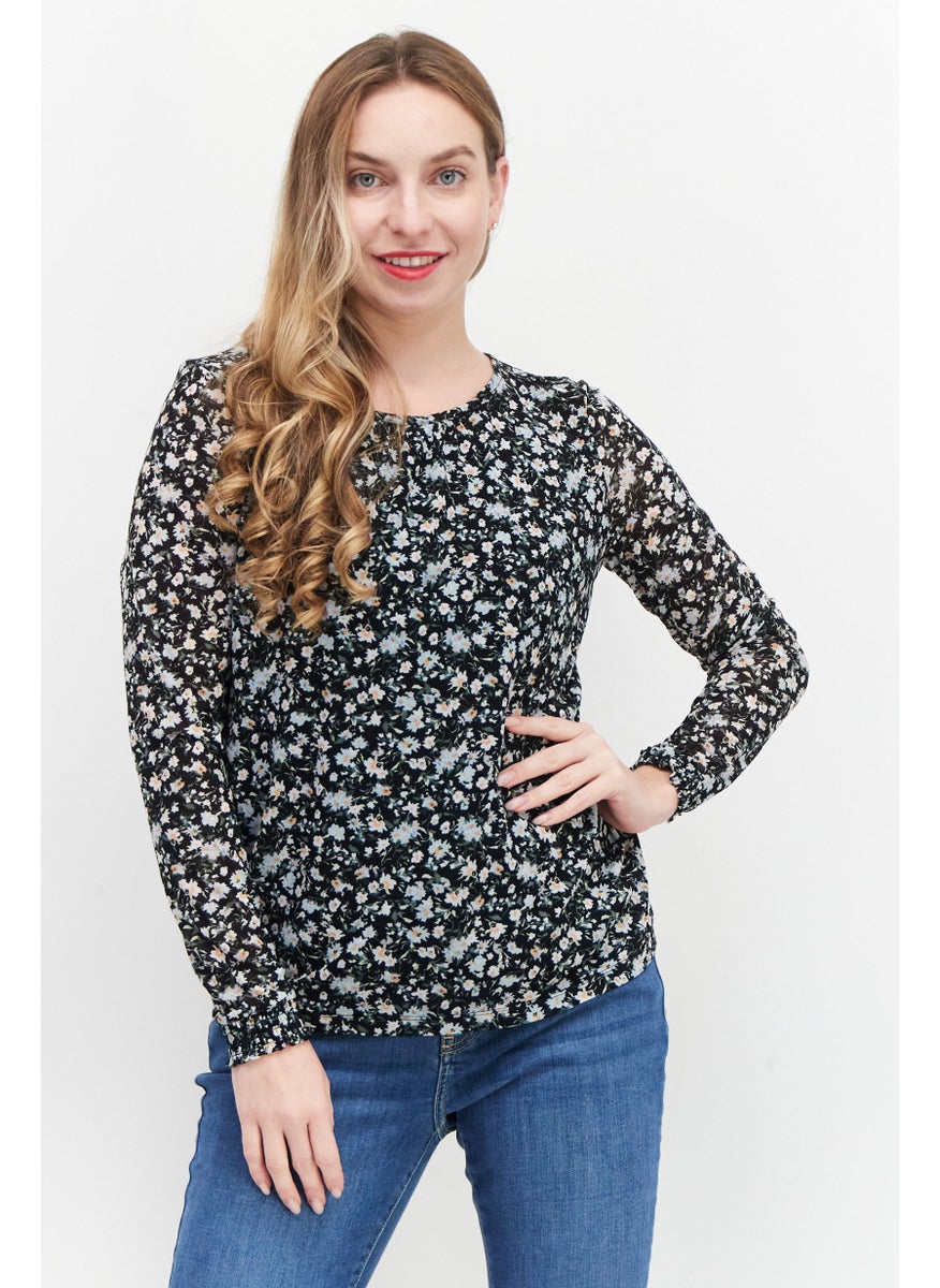 Women Round Neck Long Sleeves Floral Print Top, Black Combo
