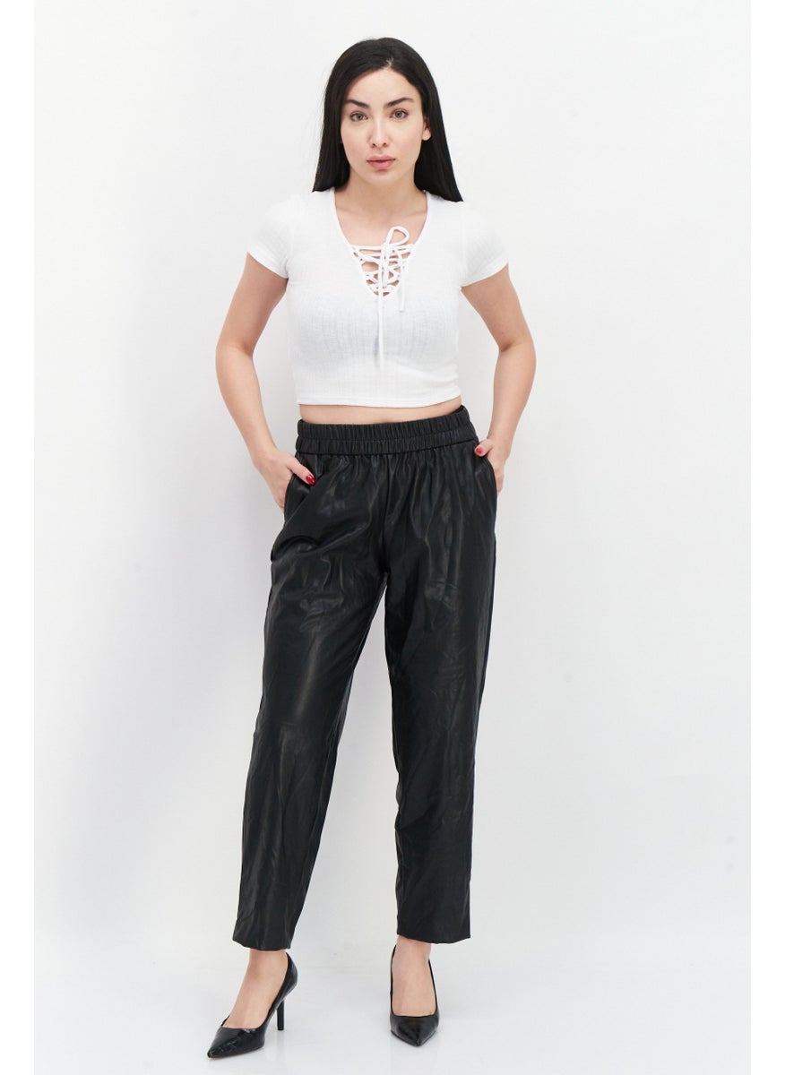 Women Plain Pull On Faux-Leather Pant, Black