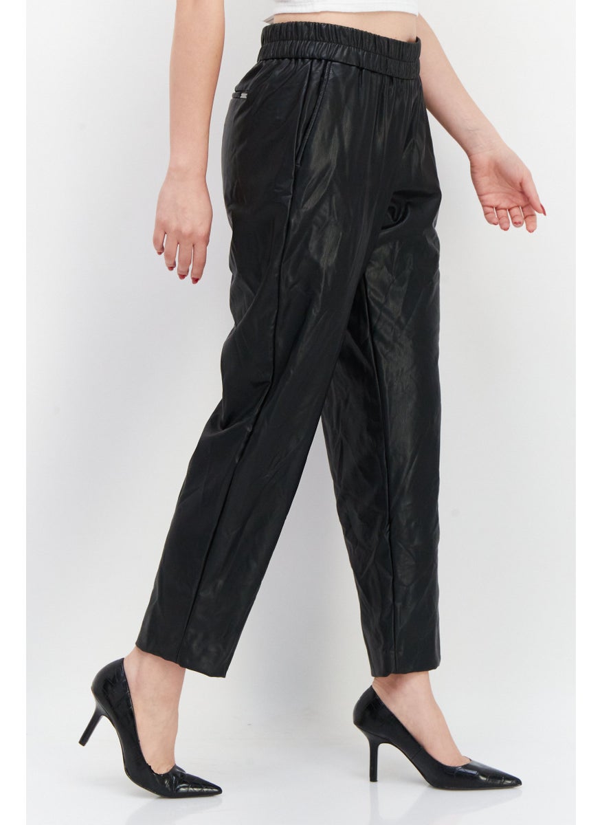 Women Plain Pull On Faux-Leather Pant, Black