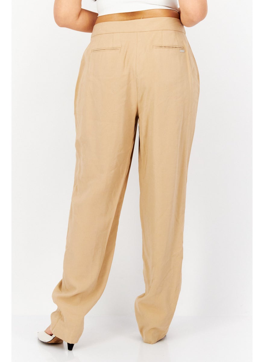 Women Plain High Waist Tapered Pants, Beige