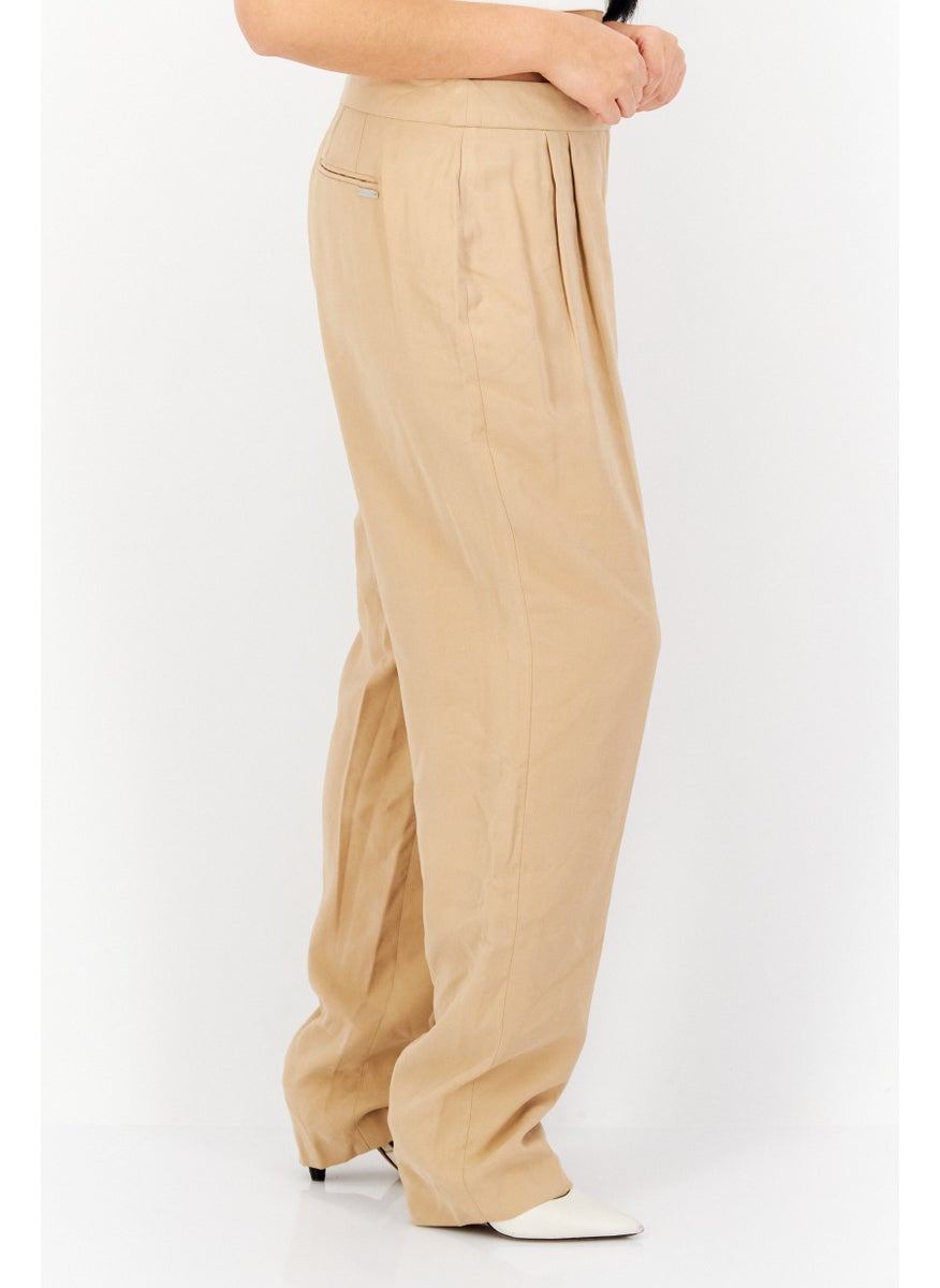 Women Plain High Waist Tapered Pants, Beige