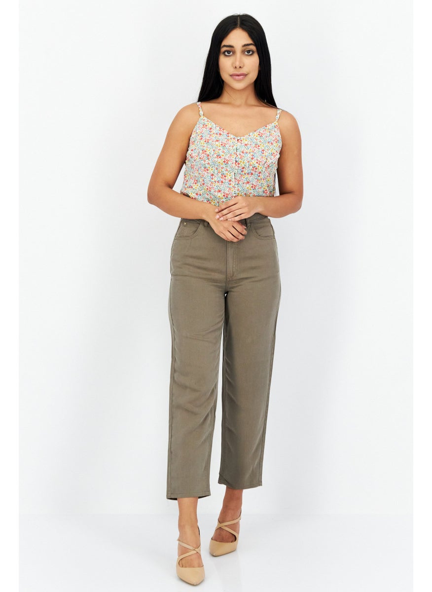 Women Solid Straight Pants, Olive