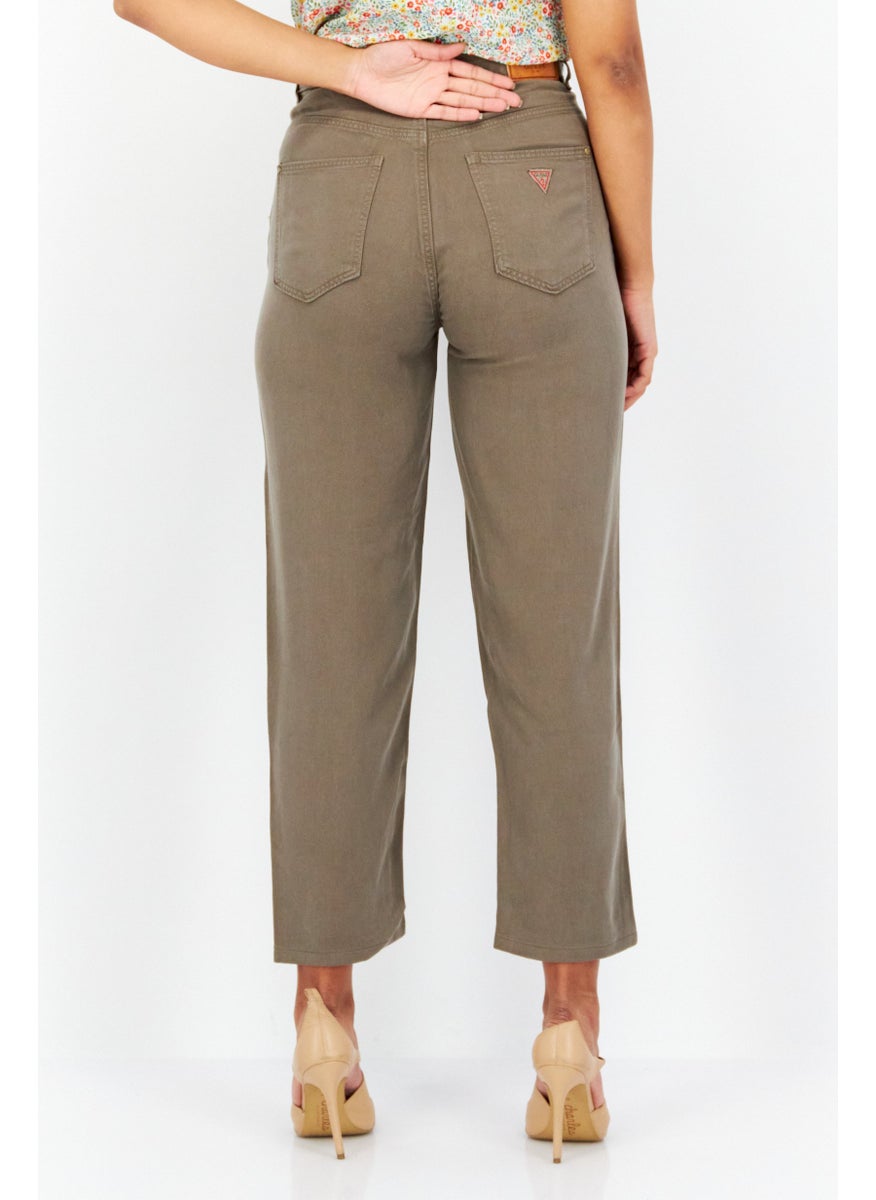 Women Solid Straight Pants, Olive