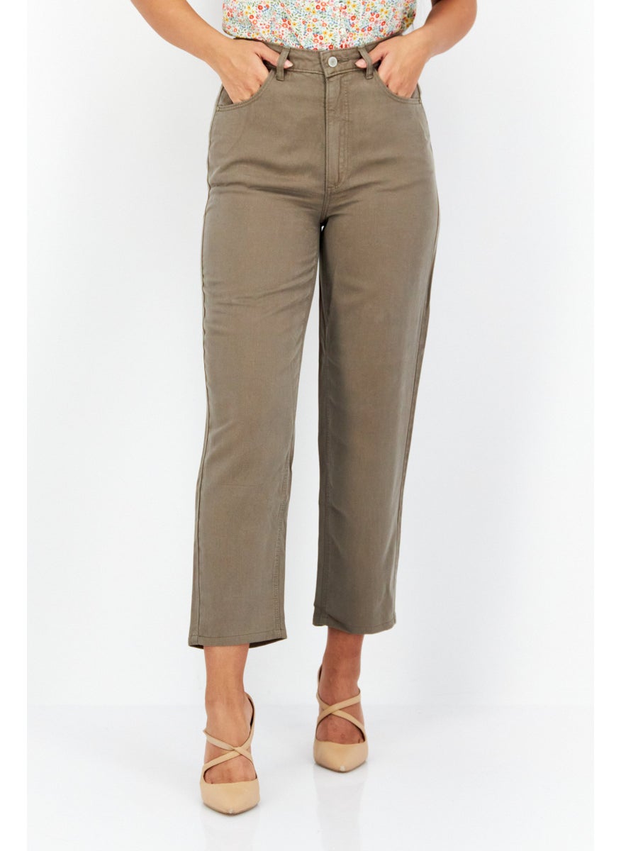 Women Solid Straight Pants, Olive