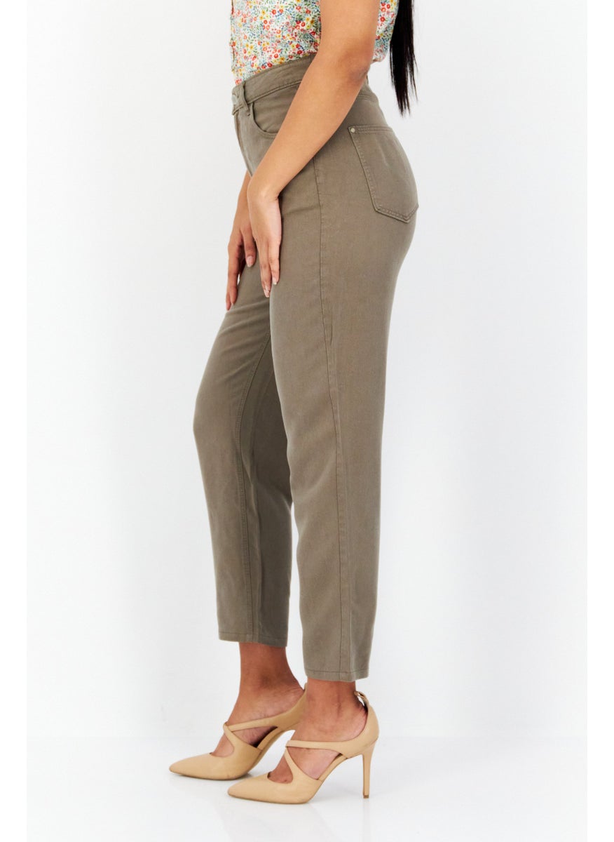 Women Solid Straight Pants, Olive