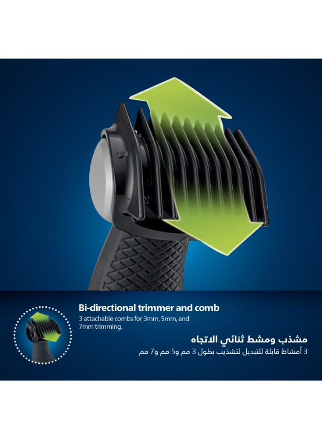 Bodygroom BG3027/03,Showerproof Groin & Body Trimmer,Body Shaver, 3-Length Combs,60min Cordless, Skin Protection, Ergonomic Grip Blue/Grey