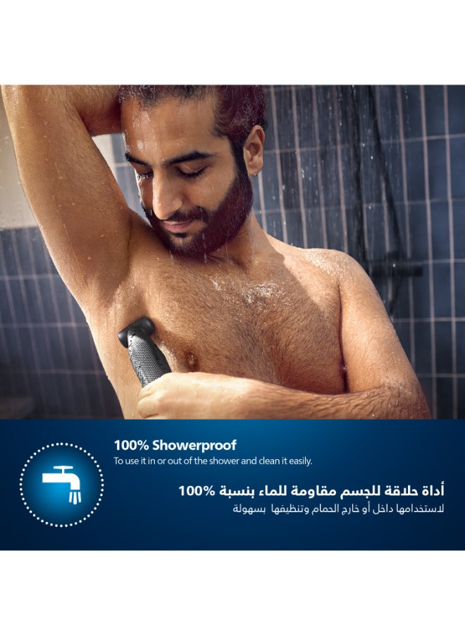 Bodygroom BG3027/03,Showerproof Groin & Body Trimmer,Body Shaver, 3-Length Combs,60min Cordless, Skin Protection, Ergonomic Grip Blue/Grey