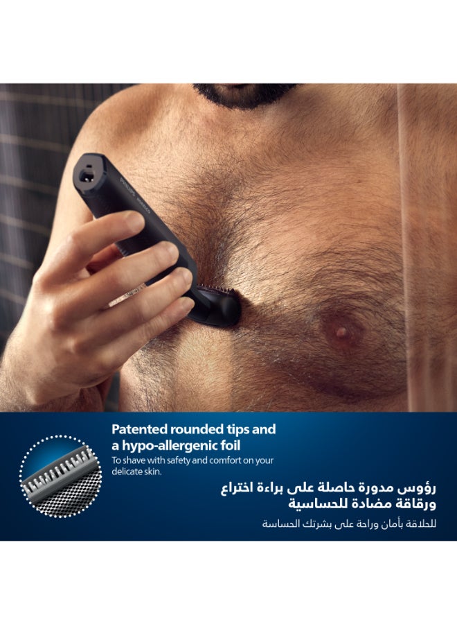 Bodygroom BG3027/03,Showerproof Groin & Body Trimmer,Body Shaver, 3-Length Combs,60min Cordless, Skin Protection, Ergonomic Grip Blue/Grey