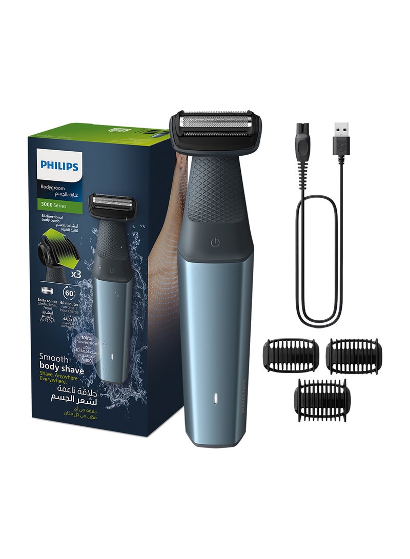 Bodygroom BG3027/03,Showerproof Groin & Body Trimmer,Body Shaver, 3-Length Combs,60min Cordless, Skin Protection, Ergonomic Grip Blue/Grey