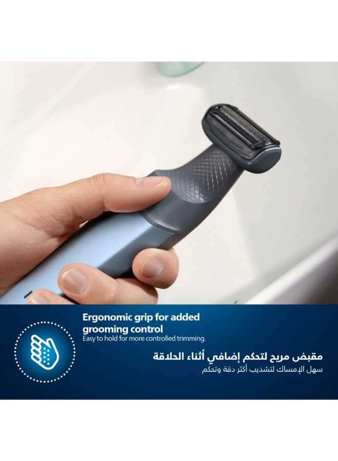 Bodygroom BG3027/03,Showerproof Groin & Body Trimmer,Body Shaver, 3-Length Combs,60min Cordless, Skin Protection, Ergonomic Grip Blue/Grey