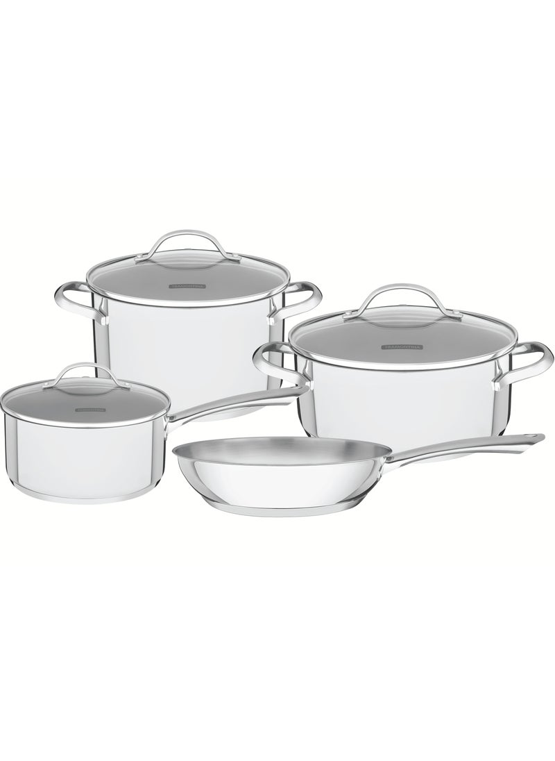 Since 1911,Made in Brazil-  Tramontina, Una Cookware Set, Stainless Steel, 7-Piece Set, Premium Quality, Mirror Finish, Tri-Ply Base, Even Heat Distribution, Faster Cooking, Energy Efficiency, Food Warmth, Tight-Fitting Glass Lids, Steam Vent, Dishwasher Safe, Culinary Pleasure, Elegant Kitchen, Captivating Design, Convenient Cooking, Unmatched Aroma, Flavorful Dishes, Guaranteed Satisfaction