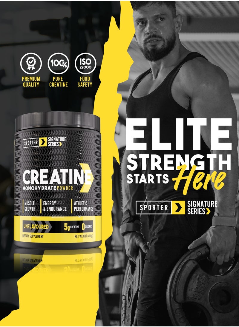 Sporter Creatine Monohydrate Powder – 400g, 80 Servings | Micronized & Pure Creatine for Muscle Growth, Strength & Recovery | Unflavored, Easy to Mix Workout Supplement for Men & Women