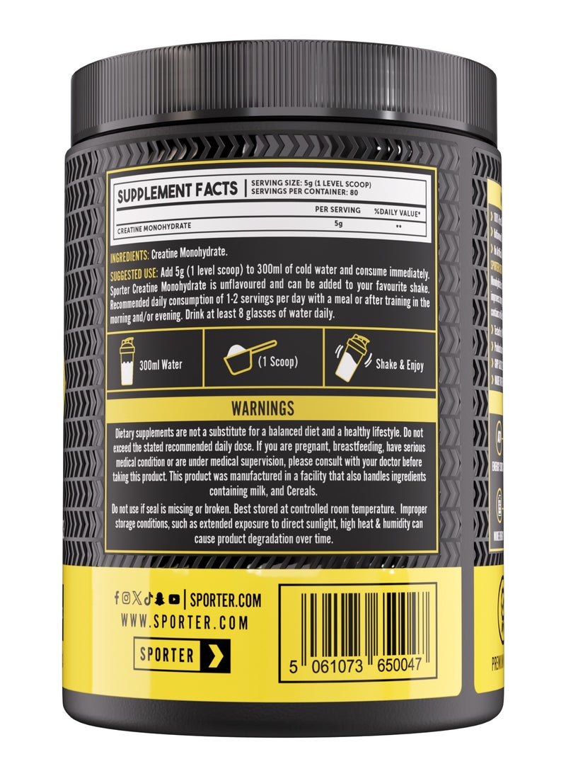 Sporter Creatine Monohydrate Powder – 400g, 80 Servings | Micronized & Pure Creatine for Muscle Growth, Strength & Recovery | Unflavored, Easy to Mix Workout Supplement for Men & Women