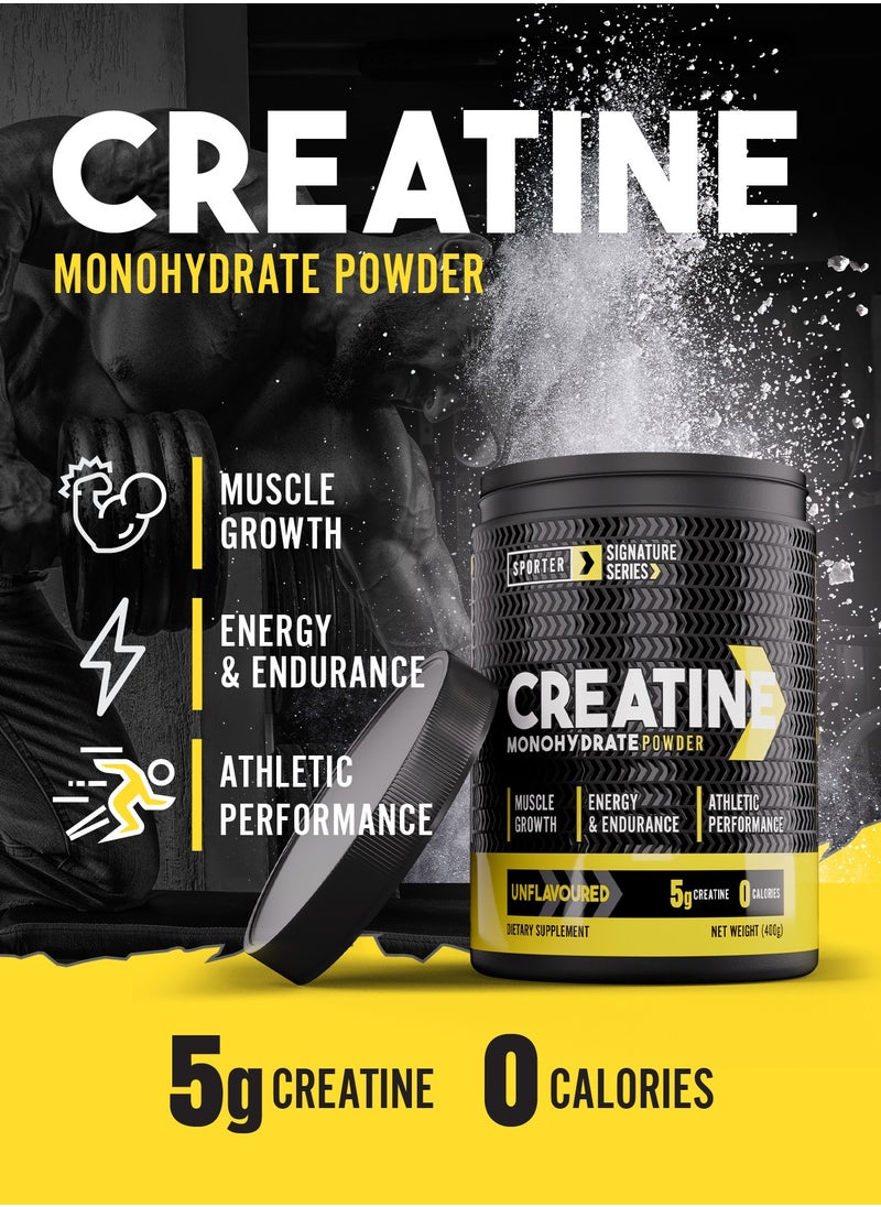 Sporter Creatine Monohydrate Powder – 400g, 80 Servings | Micronized & Pure Creatine for Muscle Growth, Strength & Recovery | Unflavored, Easy to Mix Workout Supplement for Men & Women