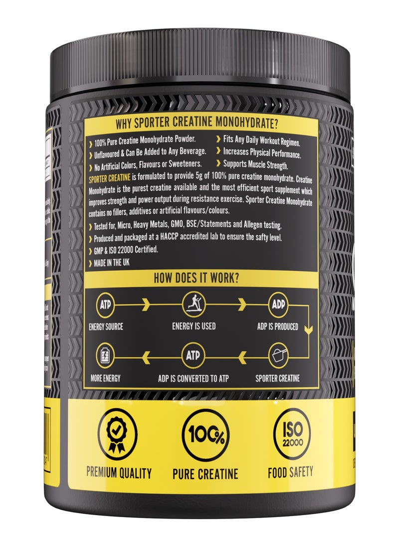 Sporter Creatine Monohydrate Powder – 400g, 80 Servings | Micronized & Pure Creatine for Muscle Growth, Strength & Recovery | Unflavored, Easy to Mix Workout Supplement for Men & Women