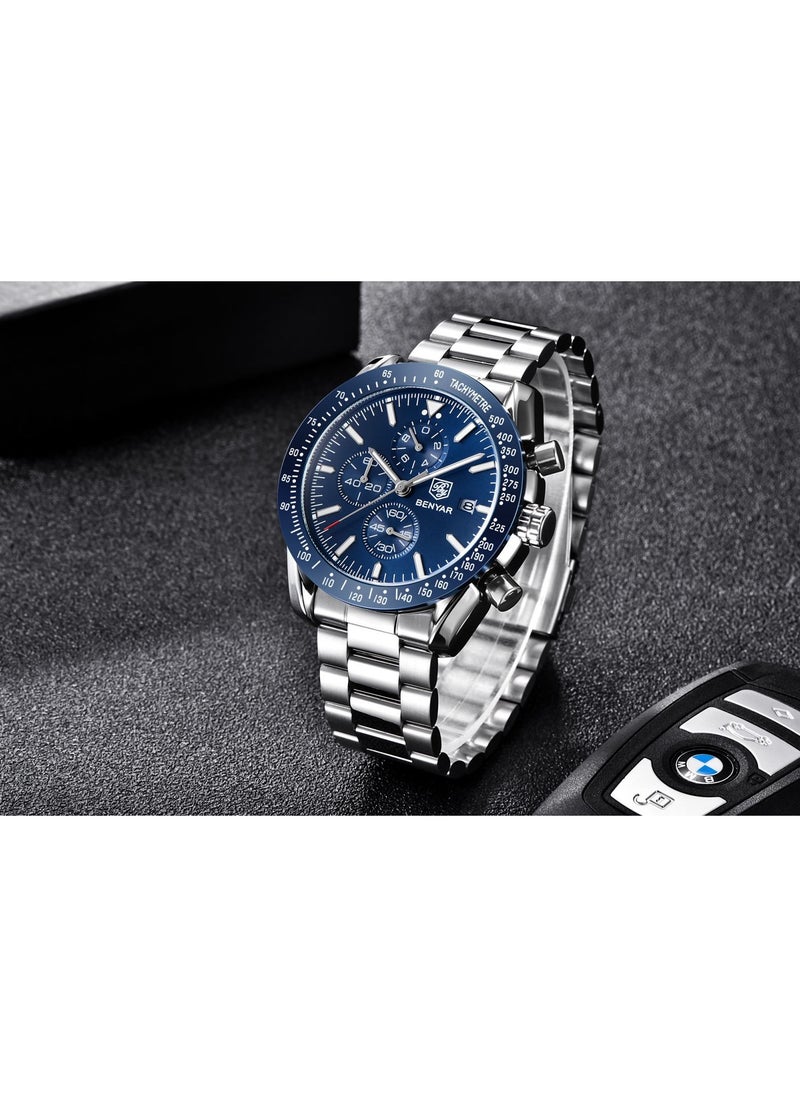 Watches for Men Watch Quartz Luxury Stainless Steel Water Resistant Chronograph Watch 5140 Silver