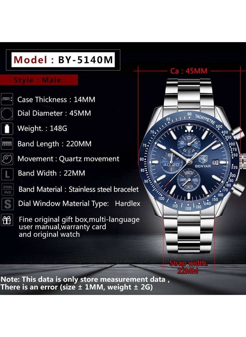 Watches for Men Watch Quartz Luxury Stainless Steel Water Resistant Chronograph Watch 5140 Silver
