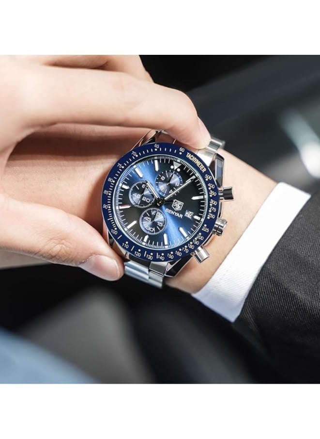 Watches for Men Watch Quartz Luxury Stainless Steel Water Resistant Chronograph Watch 5140 Silver